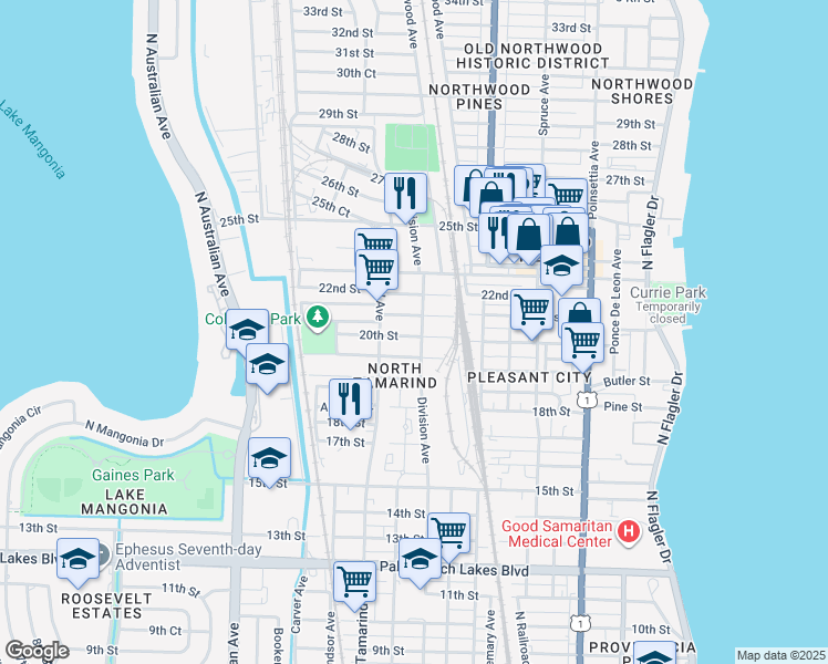 map of restaurants, bars, coffee shops, grocery stores, and more near 2115 Division Avenue in West Palm Beach
