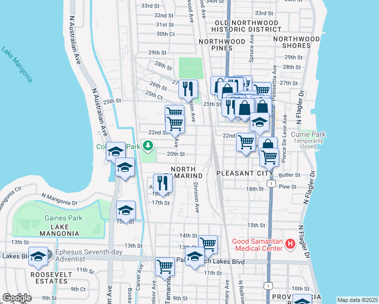 map of restaurants, bars, coffee shops, grocery stores, and more near 2115 Division Avenue in West Palm Beach