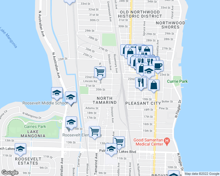 map of restaurants, bars, coffee shops, grocery stores, and more near 2115 Division Avenue in West Palm Beach