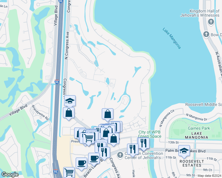 map of restaurants, bars, coffee shops, grocery stores, and more near 1950 Presidential Way in West Palm Beach