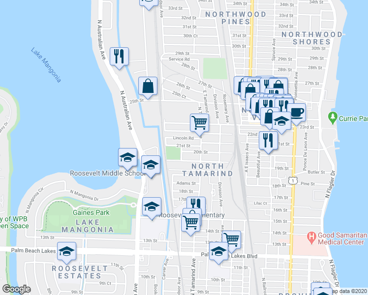 map of restaurants, bars, coffee shops, grocery stores, and more near 1036 21st St in West Palm Beach