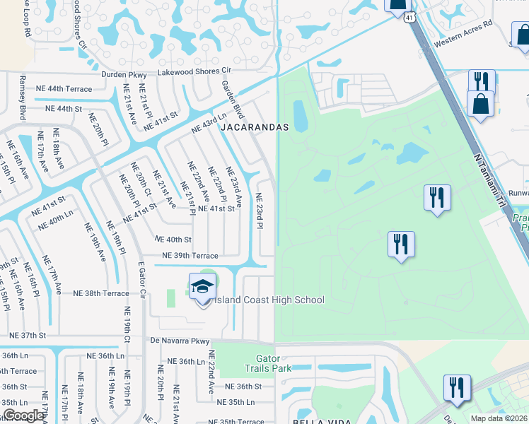 map of restaurants, bars, coffee shops, grocery stores, and more near 4027 Northeast 23rd Place in Cape Coral