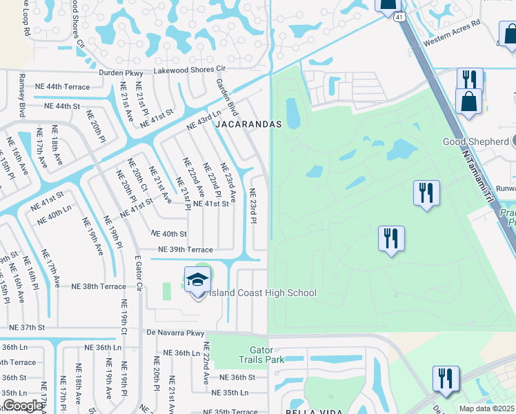 map of restaurants, bars, coffee shops, grocery stores, and more near 4027 Northeast 23rd Place in Cape Coral