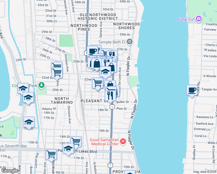 map of restaurants, bars, coffee shops, grocery stores, and more near 412 21st Street in West Palm Beach