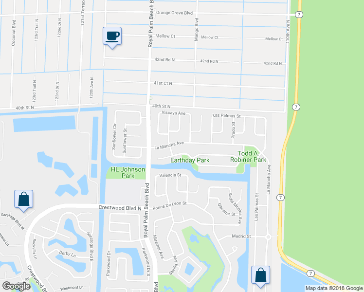 map of restaurants, bars, coffee shops, grocery stores, and more near 414 La Mancha Avenue in Royal Palm Beach