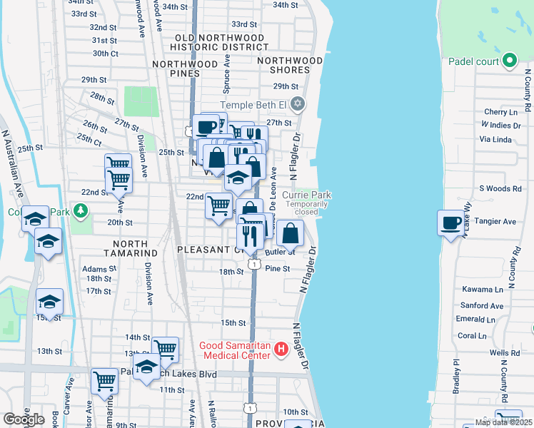 map of restaurants, bars, coffee shops, grocery stores, and more near 2207 Ponce De Leon Avenue in West Palm Beach