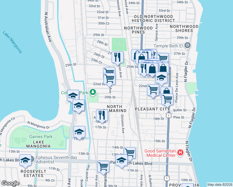 map of restaurants, bars, coffee shops, grocery stores, and more near 820 21st Street in West Palm Beach