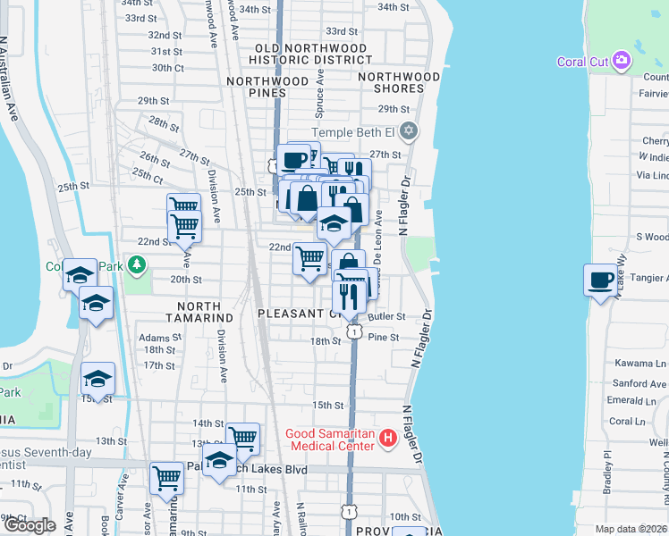 map of restaurants, bars, coffee shops, grocery stores, and more near 412 21st Street in West Palm Beach