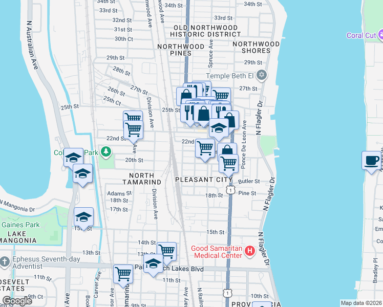 map of restaurants, bars, coffee shops, grocery stores, and more near 538 21st Street in West Palm Beach