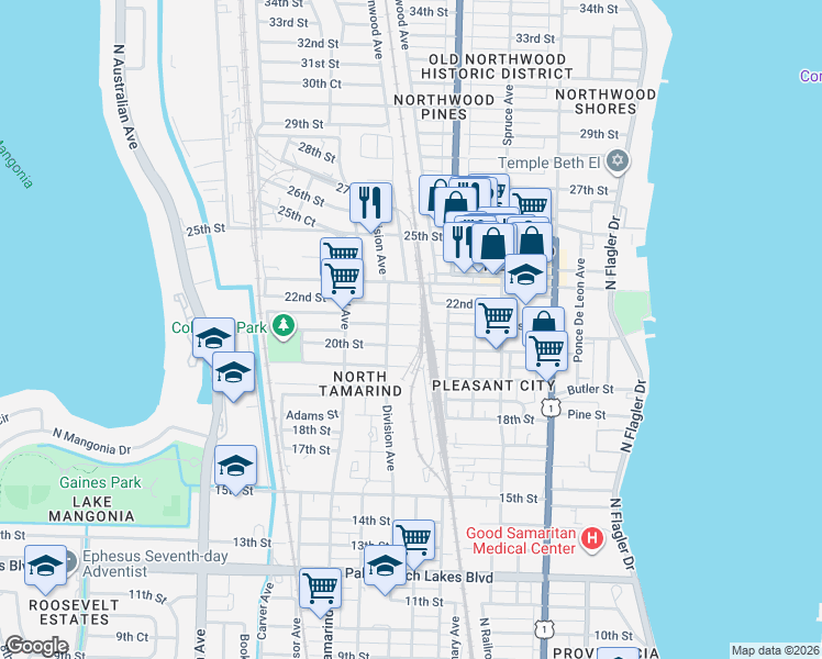 map of restaurants, bars, coffee shops, grocery stores, and more near 706 21st Street in West Palm Beach