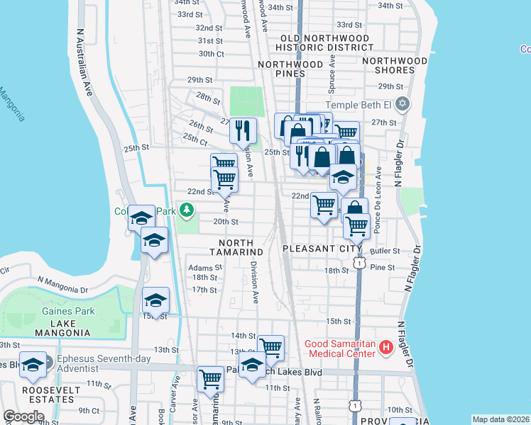 map of restaurants, bars, coffee shops, grocery stores, and more near 706 21st Street in West Palm Beach
