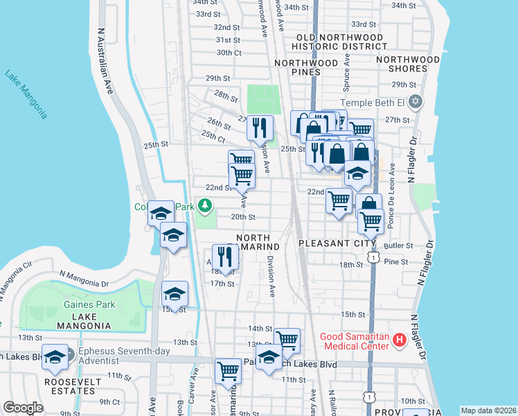 map of restaurants, bars, coffee shops, grocery stores, and more near 2115 Division Avenue in West Palm Beach