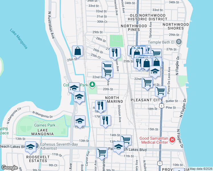 map of restaurants, bars, coffee shops, grocery stores, and more near 832 21st Street in West Palm Beach