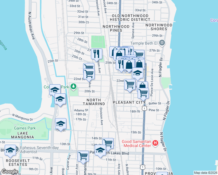 map of restaurants, bars, coffee shops, grocery stores, and more near 706 21st Street in West Palm Beach