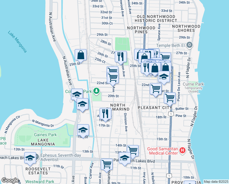 map of restaurants, bars, coffee shops, grocery stores, and more near 832 21st Street in West Palm Beach