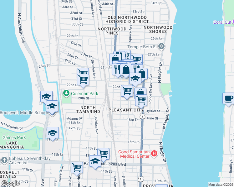 map of restaurants, bars, coffee shops, grocery stores, and more near 538 21st Street in West Palm Beach