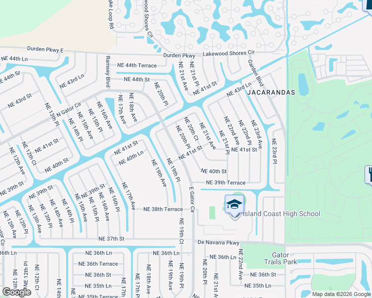 map of restaurants, bars, coffee shops, grocery stores, and more near 4106 Northeast 20th Place in Cape Coral
