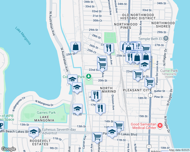 map of restaurants, bars, coffee shops, grocery stores, and more near 1036 21st Street in West Palm Beach