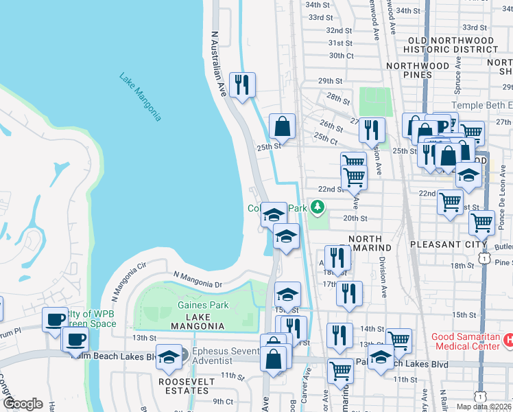 map of restaurants, bars, coffee shops, grocery stores, and more near 2191 North Australian Avenue in West Palm Beach