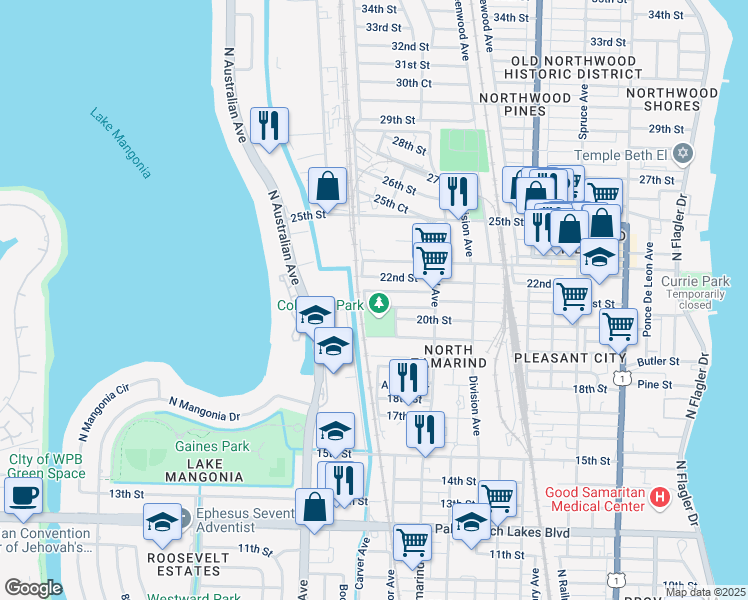map of restaurants, bars, coffee shops, grocery stores, and more near 1129 21st Street in West Palm Beach
