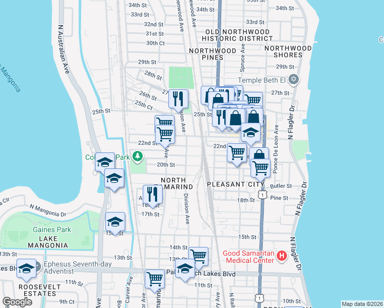 map of restaurants, bars, coffee shops, grocery stores, and more near 2115 Division Avenue in West Palm Beach