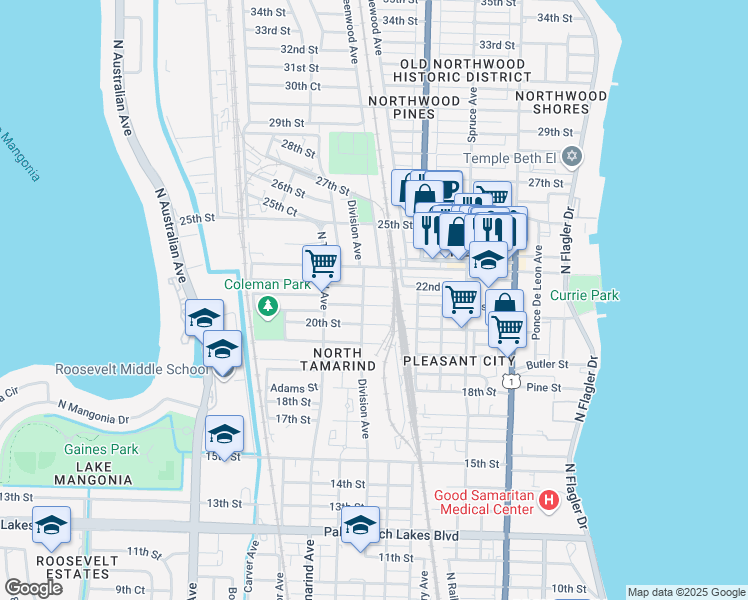 map of restaurants, bars, coffee shops, grocery stores, and more near 2115 Division Avenue in West Palm Beach