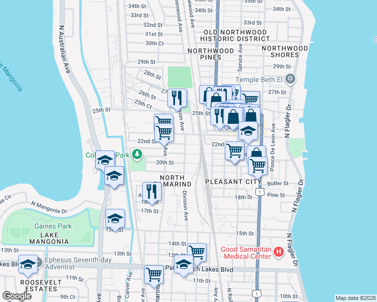 map of restaurants, bars, coffee shops, grocery stores, and more near 2115 Division Avenue in West Palm Beach