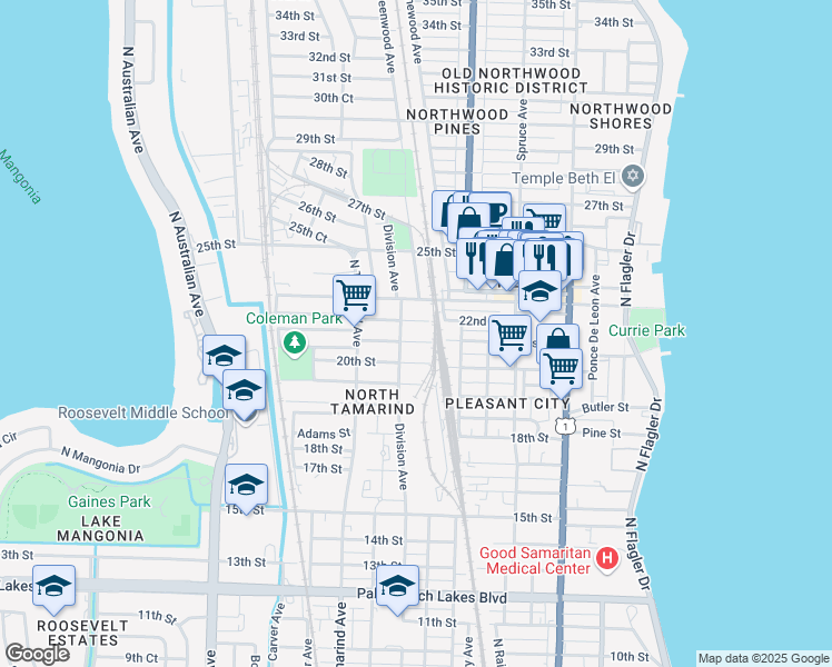 map of restaurants, bars, coffee shops, grocery stores, and more near 2115 Division Avenue in West Palm Beach