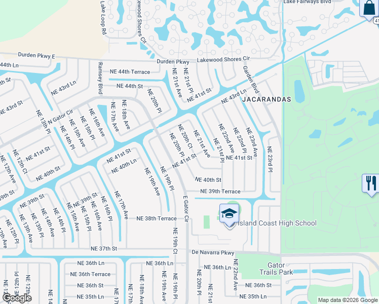 map of restaurants, bars, coffee shops, grocery stores, and more near 4106 Northeast 20th Court in Cape Coral