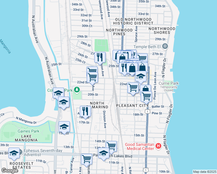map of restaurants, bars, coffee shops, grocery stores, and more near 2115 Division Avenue in West Palm Beach