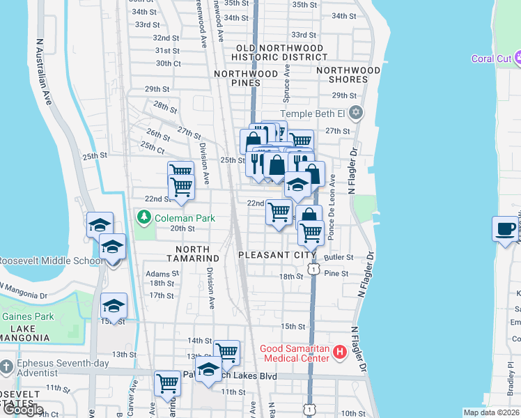 map of restaurants, bars, coffee shops, grocery stores, and more near 538 21st Street in West Palm Beach