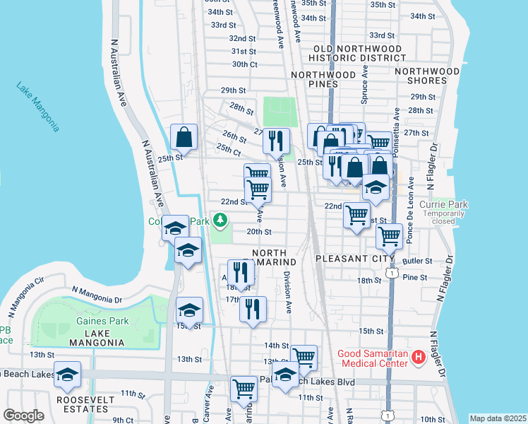 map of restaurants, bars, coffee shops, grocery stores, and more near 832 21st Street in West Palm Beach