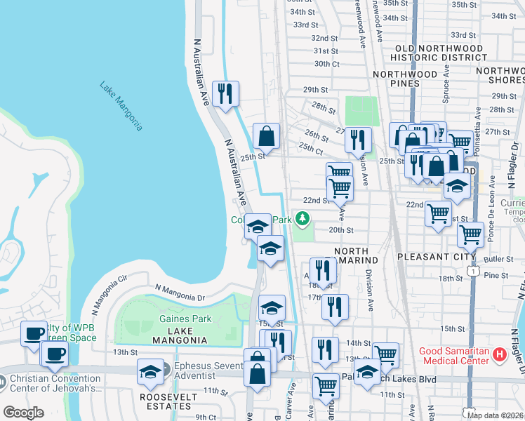 map of restaurants, bars, coffee shops, grocery stores, and more near 2100 North Australian Avenue in West Palm Beach