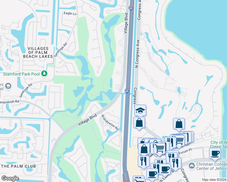 map of restaurants, bars, coffee shops, grocery stores, and more near 2441 Village Boulevard in West Palm Beach