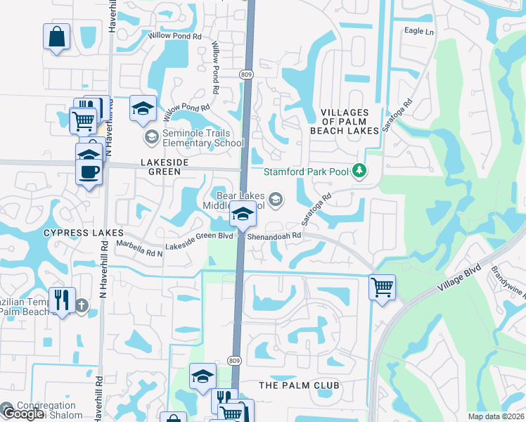 map of restaurants, bars, coffee shops, grocery stores, and more near 3505 Shenandoah Road in West Palm Beach