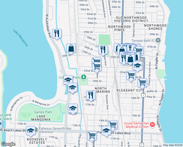map of restaurants, bars, coffee shops, grocery stores, and more near 1043 22nd Street in West Palm Beach