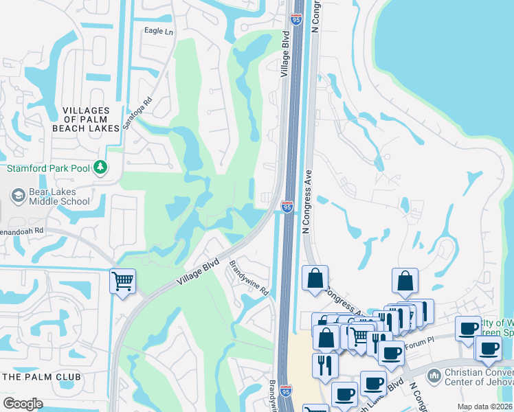 map of restaurants, bars, coffee shops, grocery stores, and more near 2441 Village Boulevard in West Palm Beach