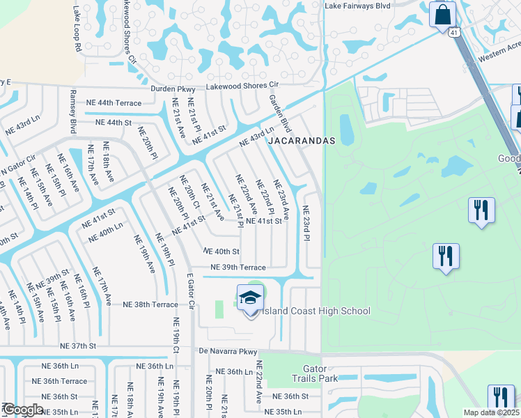 map of restaurants, bars, coffee shops, grocery stores, and more near 4124 Northeast 22nd Place in Cape Coral