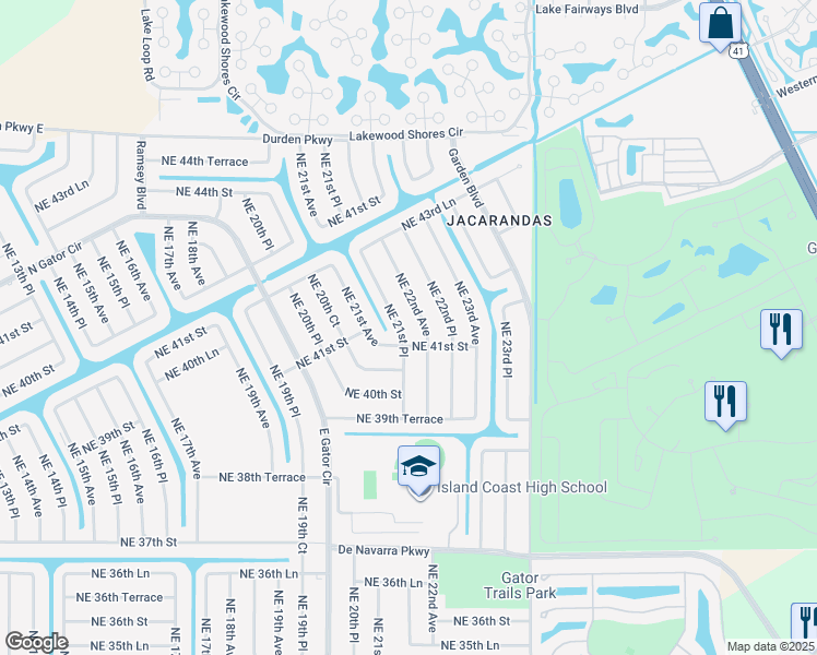 map of restaurants, bars, coffee shops, grocery stores, and more near 4121 Northeast 21st Place in Cape Coral