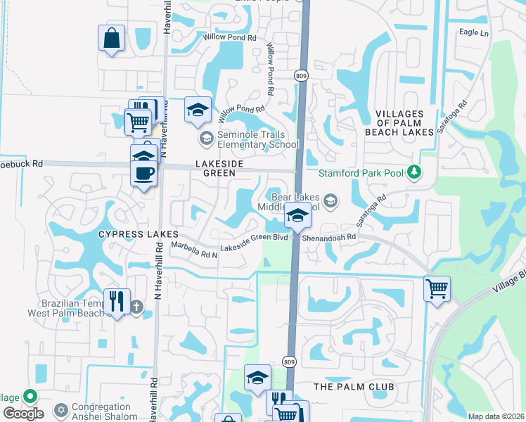 map of restaurants, bars, coffee shops, grocery stores, and more near 3874 Circle Lake Drive in West Palm Beach
