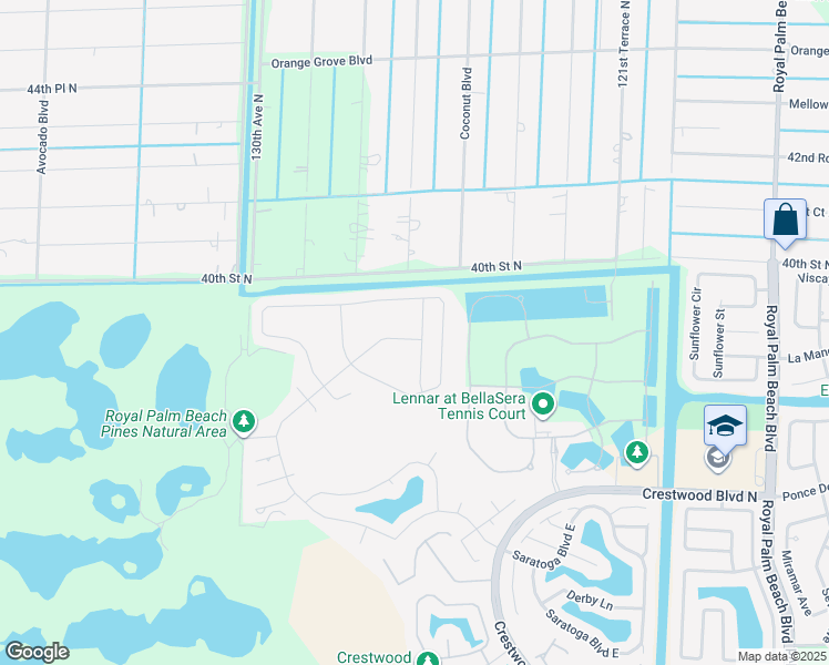 map of restaurants, bars, coffee shops, grocery stores, and more near 255 Saratoga Boulevard West in Royal Palm Beach