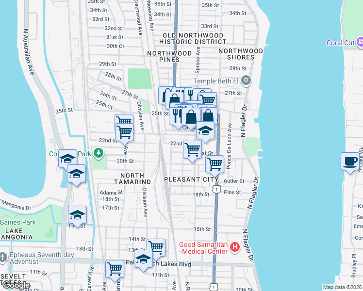 map of restaurants, bars, coffee shops, grocery stores, and more near 544 23rd Street in West Palm Beach