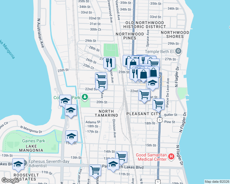 map of restaurants, bars, coffee shops, grocery stores, and more near 2212 Division Avenue in West Palm Beach