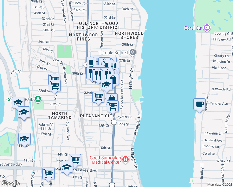 map of restaurants, bars, coffee shops, grocery stores, and more near in West Palm Beach