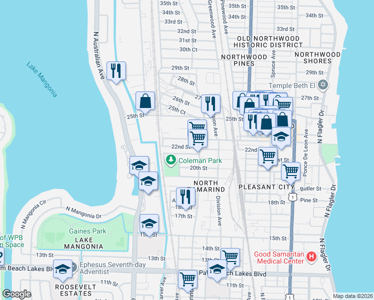 map of restaurants, bars, coffee shops, grocery stores, and more near 1043 22nd Street in West Palm Beach