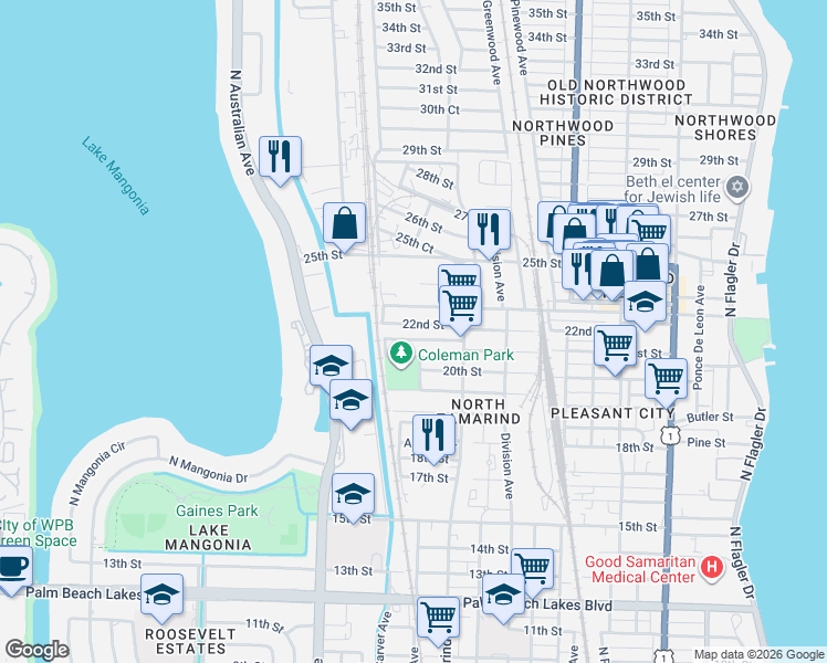 map of restaurants, bars, coffee shops, grocery stores, and more near 1043 22nd Street in West Palm Beach