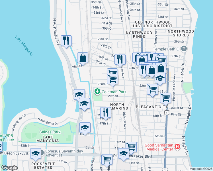 map of restaurants, bars, coffee shops, grocery stores, and more near 1043 22nd Street in West Palm Beach