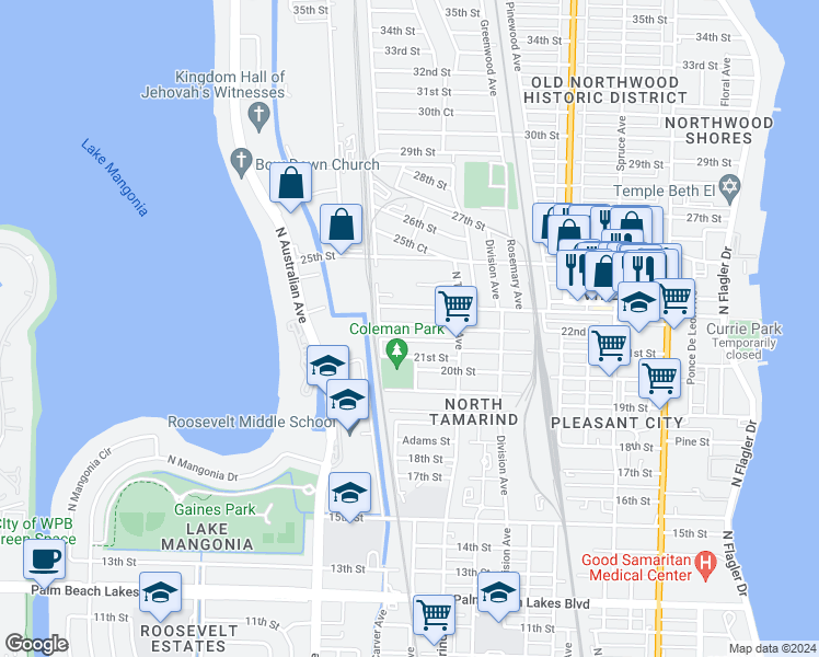 map of restaurants, bars, coffee shops, grocery stores, and more near 1043 22nd Street in West Palm Beach