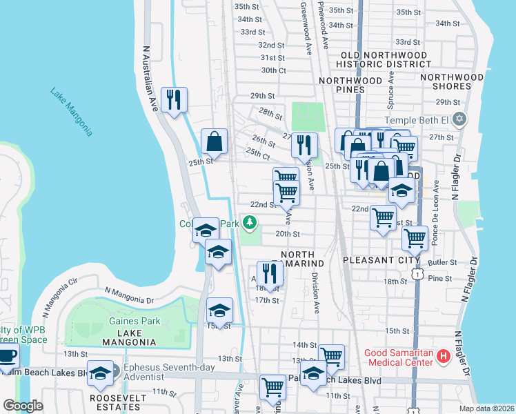 map of restaurants, bars, coffee shops, grocery stores, and more near 1043 22nd Street in West Palm Beach