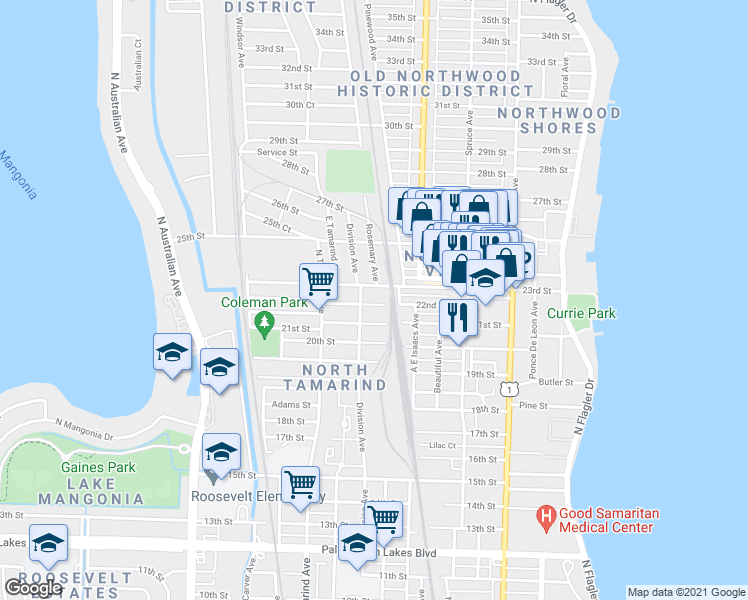 map of restaurants, bars, coffee shops, grocery stores, and more near 800 23rd Street in West Palm Beach